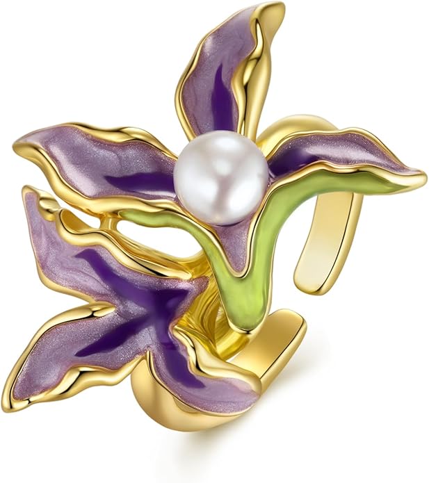 Gold Rose Pink Enamel Floral CZ FULLY ADJUSTABLE Statement Open Ring for Women by SNGIA, Daisy Orchid Flower Leaf Summer Beach Handmade Unique Pinky Band, Chunky Sunflower Stackable Cute Cuff Cocktail Ring Birthday Gift, Natural Bold Exaggerated Irregu...