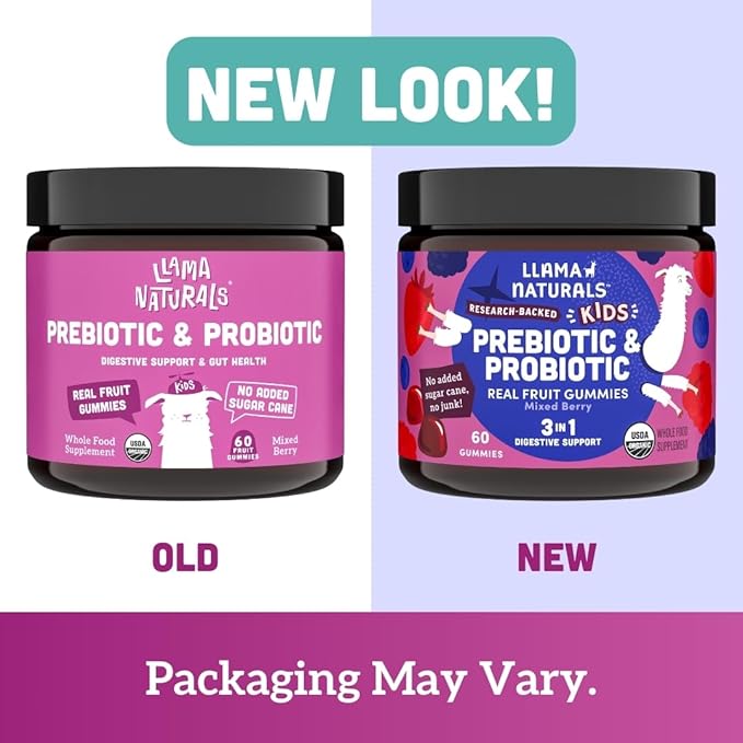 Llama Naturals Kids Probiotic with Prebiotic Fiber, Vegan, Organic Prebiotics and Probiotics Gummies for Gut Health Support, Toddler Real Fruit Gummy Vitamins, No Added Sugar Cane, Mixed Berry, 120 Ct