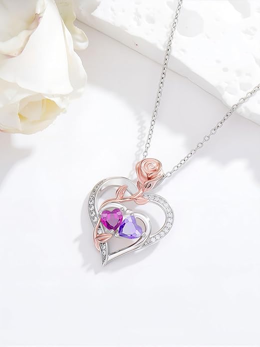 Rose Flower Heart Pendant for Women Birthday Gifts 18k Gold Plated Mother Daughter Necklace with 12 Months Birthstone Christmas Valentines Day Gifts for Her Mom Anniversarry Jewelry for Mom Wife Girlfriend