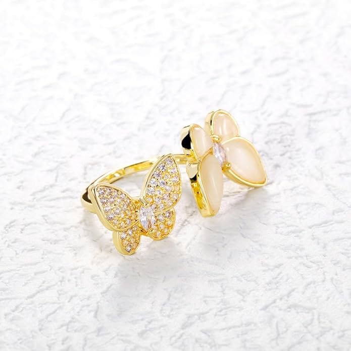 Double Butterfly Rings for Women AAA Cubic Zirconia Finger Ring Ladies Fashion Hand Jewelry Natural Stone Adjustable Ring