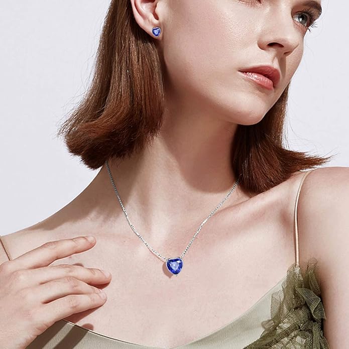 Aurora Tears Hearts Necklace Earrings Jewelry Sets - Women 925 Sterling Silver Birthstone Pendants Earrings Set Crystal Wedding Birthday Jewelry