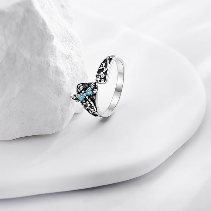Spoon Rings 925 Sterling Silver Adjustable Hummingbird/Shark/Daisy/Tree Of Life/Dragonfly/Witches Knot/Sea Turtle Ring Thumb Rings Birthday Jewelry Gifts for Women Mother