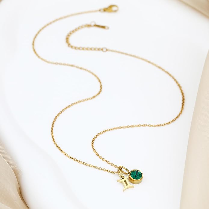 MISS RIGHT Initial Birthstone Necklace for Women - Personalized Gifts Birthday Gifts for Women Stainless Steel 18K Gold Plated Dainty Gold Zodiac Sign 12 Constellation Horoscope Necklace Jewelry