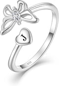 STARCHENIE Butterfly Initial Ring for Women 925 Sterling Silver Letters A-Z 26 Alphabet Adjustable Ring Size 7