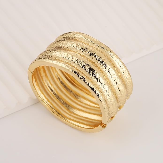 HZMAN 18K Gold Plated Wide Cuff Bracelet for Women - Premium Alloy Shiny Polished Double Layer Statement Bangle, Trendy Daily Wear Party Jewelry Accessory