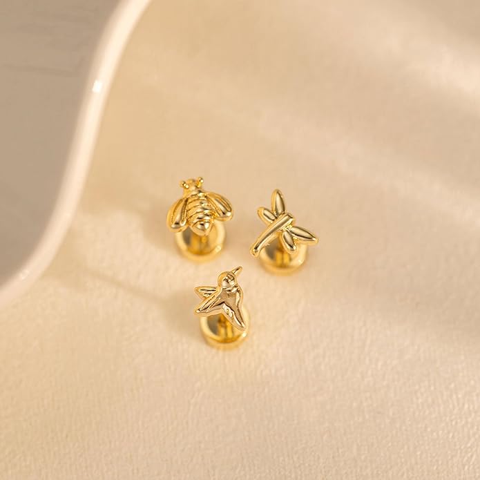 VRIUA 20G Tiny Flat Back Earrings for Women - 14K Gold/Silver Plated Small Flat Back Stud Earrings Hypoallergenic Cartilage Helix Piercing Jewelry