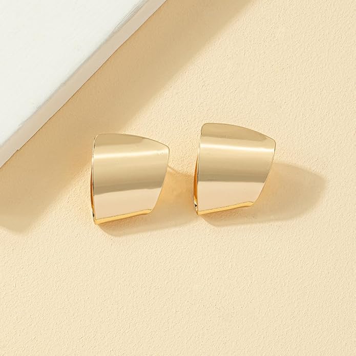 Gold Abstract Statement Earrings for Women Chunky Square High Polished Geometric Dangle Earring Trendy Large Costume Outfit Jewelry Exaggerated Accessories