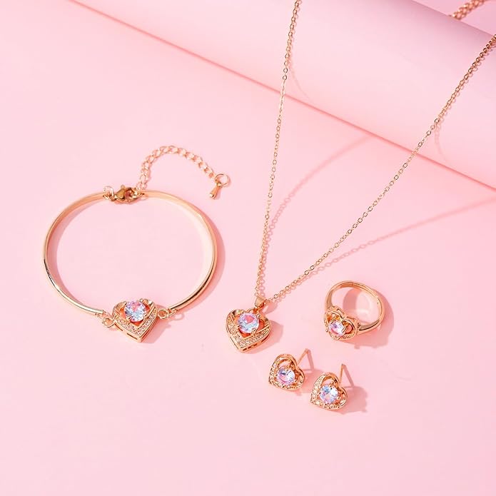 4pcs Cubic Zirconia Wedding Jewelry Sets for Bride Bridesmaid Cubic Zirconia Pendant Necklace Earrings Link Tennis Bracelet Open Ring Set for Women