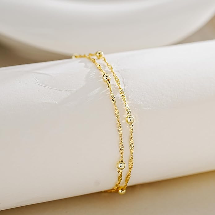 JINEAR Gold Ankle Bracelets for Women，14K Gold Plated Waterproof Chain Herringbone Layered Beaded Anklets Adjustable Summer Beach Jewelry Gift for Women