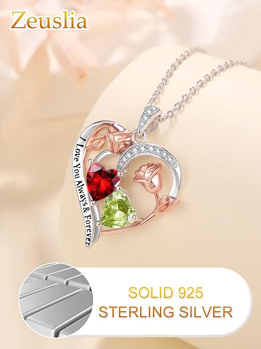 Valentine's Day Gifts for Wife 925 Sterling Silver Double Birthstone Pendant Necklaces I Love You for Always and Forever Necklace Anniversary Birthday Gifts for Wife Girlfriend Mom Her