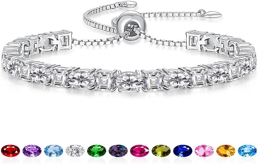 Sterling Silver Birthstone Bracelets for Women White Gold Tennis Bracelets Adjustable Chain 6-9 Inchs Jewelry Hypoallergenic Anniversary Birthday Gifts for Women Mom Wife Her