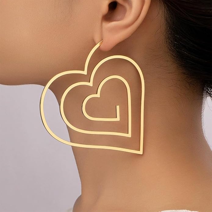 Trendy Large Gold Spiral Heart Stud Earring for Women, Statement Hollow Silver Big Love Hearts Y2k Earrings Bold Personalized Prom Party Jewelry Gifts