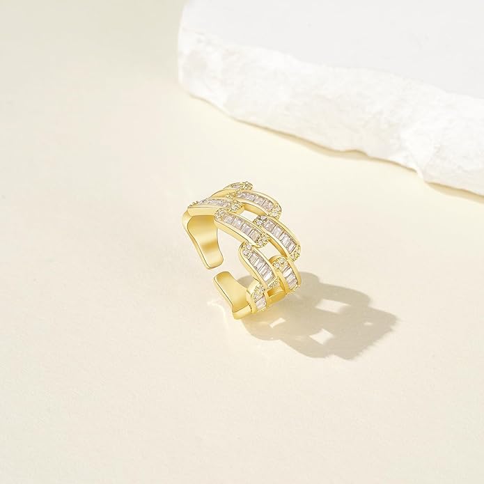 KissYan Gold Rings for Women, 14K Gold Plated Adjustable Statement Irregular Geometric Diamond Twisted Open Stackable Band Chunky Finger Rings Dainty Cubic Zirconia Jewelry Gifts