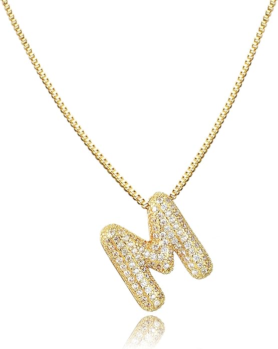 SKQIR Diamond Initial Letter Necklace for Women Bubble Gold Plated Puffy Balloon Alphabet Crystal Zircon Pendant Name Necklace Dainty Charms Trendy Jewelry Gift for Women