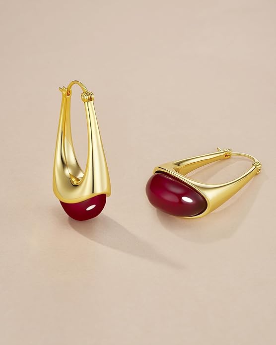 Long Oval Chunky Dangle 18K gold plated Hoops with Colored Resin Gemstone Statement Earrings for Women by SNGIA, (Green, Brown, Blue, Pink, White, Cream), Bold Drop Handmade Exaggerated Irregular Trendy Bohemian Jewelry Gifts, Unique Dangling Teardrop ...