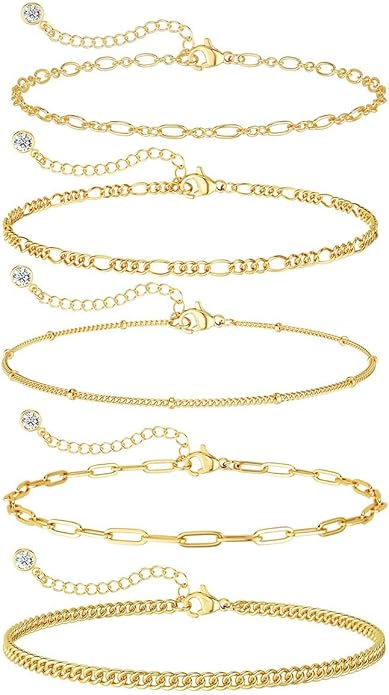 DEARMAY Gold Bracelets for Women Waterproof, 14K Gold Plated Jewelry Sets Trendy Thin Dainty Stackable Cuban Link Paperclip Chain Bracelet Pack Fashion Accessories Gifts for Womens