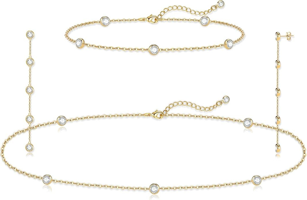 Tennis Necklace Bracelet for Women, Dainty Sterling Sliver Choker Necklace Crystal Link Bracelet Stud Earrings for Women Wedding Jewelry for Bride Jewelry Set Accessories
