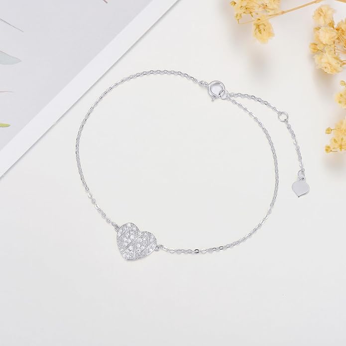 SISGEM 10k Gold Created Moissanite Heart Anklets for Women, love Ankle Bracelet Gifts for Her, 9.4-11.0 Inches