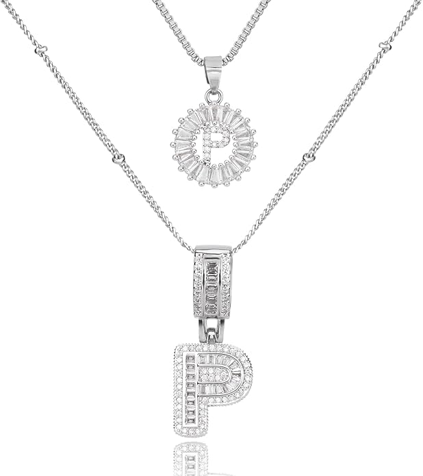 Initial Letter Necklace for Women 14k White Gold Silver Plated Dainty Necklaces Trendy Chunky Custom Layered Necklace Set Personalized Round Circle Zirconia A-Z Letter Chain Pendant Jewelry Gift