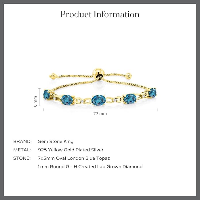 Gem Stone King 7X5MM Oval Cut Gemstone Birthstone and Accent Lab Grown Diamond Tennis Bracelet For Women In 18K Yellow Gold Plated Silver | Adjustable Bolo Bracelet For Women | Easy-On Easy-Off
