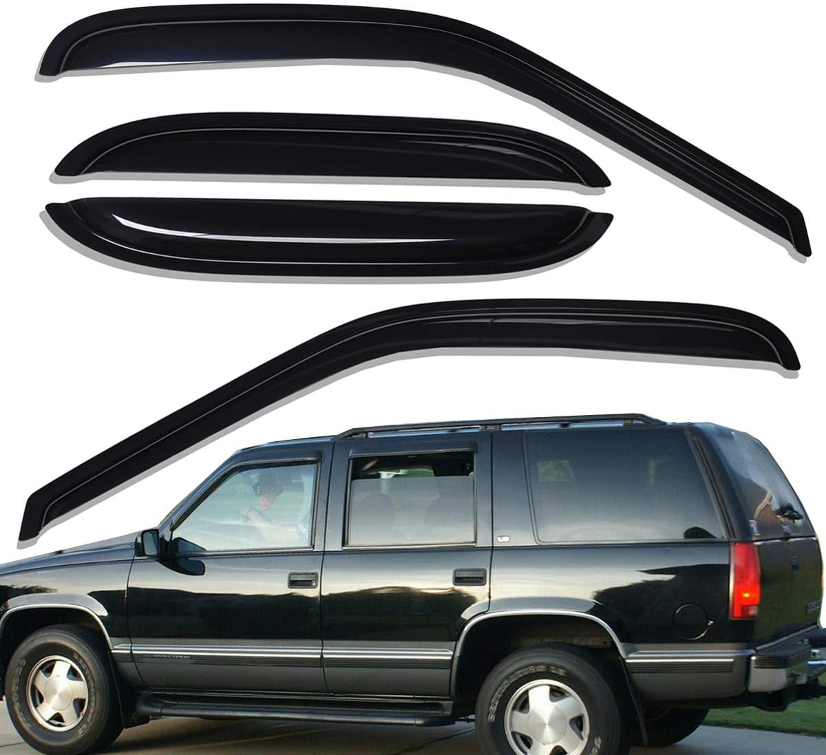 Lightronic Extra Durable Tape-on Auto Vent Window Visor, Fit 2000-2006 Chevrolet Tahoe & GMC Yukon, 2001-2006 Yukon Denali, 2002-2006 Cadillac Escalade, Original Wind Deflector Rain Guard, Smoke, 4Pcs