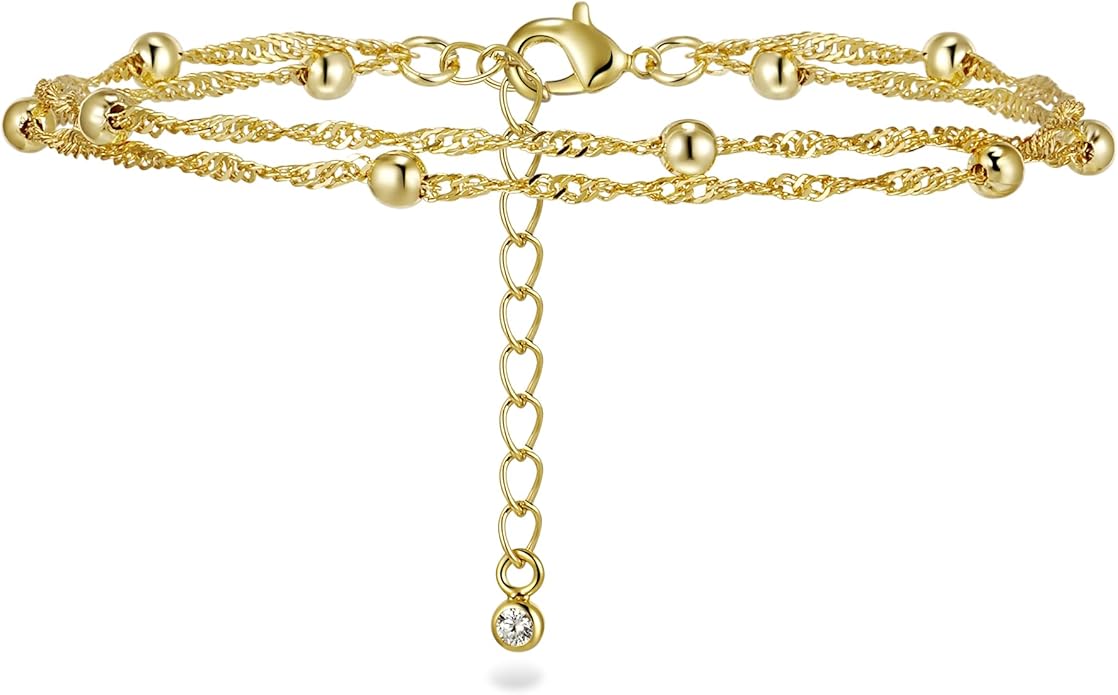 JINEAR Gold Ankle Bracelets for Women，14K Gold Plated Waterproof Chain Herringbone Layered Beaded Anklets Adjustable Summer Beach Jewelry Gift for Women