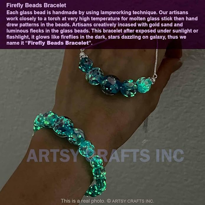 ARTSY Crafts Lily Garden Glow in the Dark Firefly Bead Bracelets Necklaces, Handmade in USA Murano Glass Jewelry, Flower Luminous Beads Mermaid Crystal Bracelet Bangle