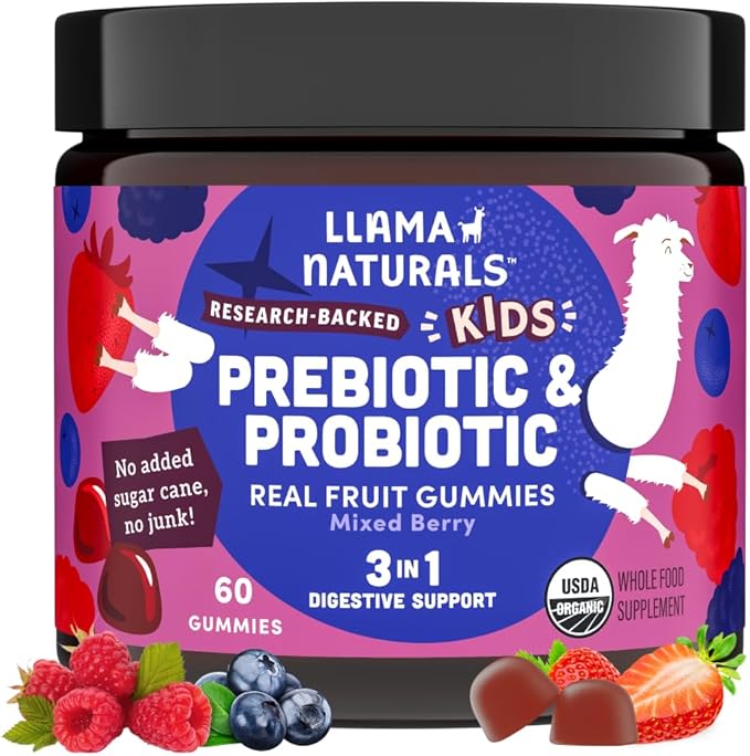 Llama Naturals Kids Probiotic with Prebiotic Fiber, Vegan, Organic Prebiotics and Probiotics Gummies for Gut Health Support, Toddler Real Fruit Gummy Vitamins, No Added Sugar Cane, Mixed Berry, 60 Ct