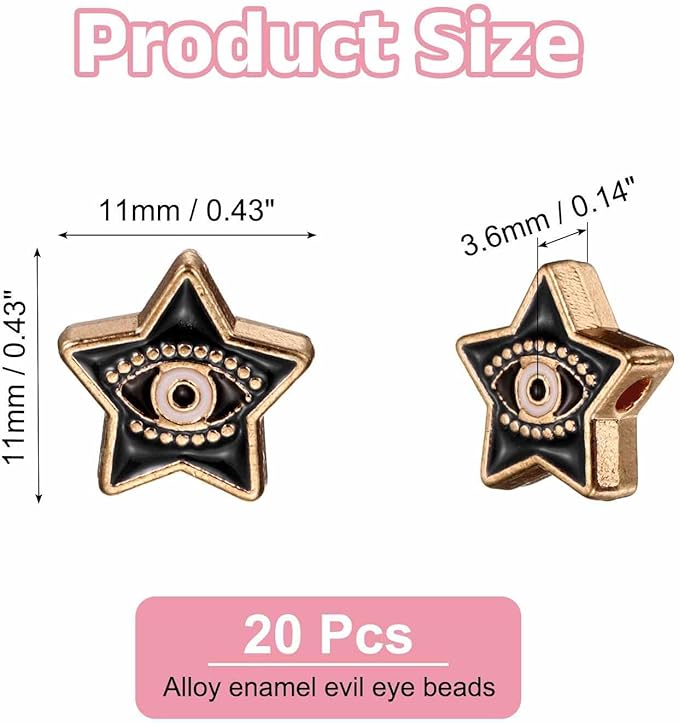 MECCANIXITY 20 Pcs Star Evil Eye Beads Colorful Flat Loose Spacer Evil Eye Charms for DIY Bracelet Earrings Necklace Crafts Jewelry Making, Black
