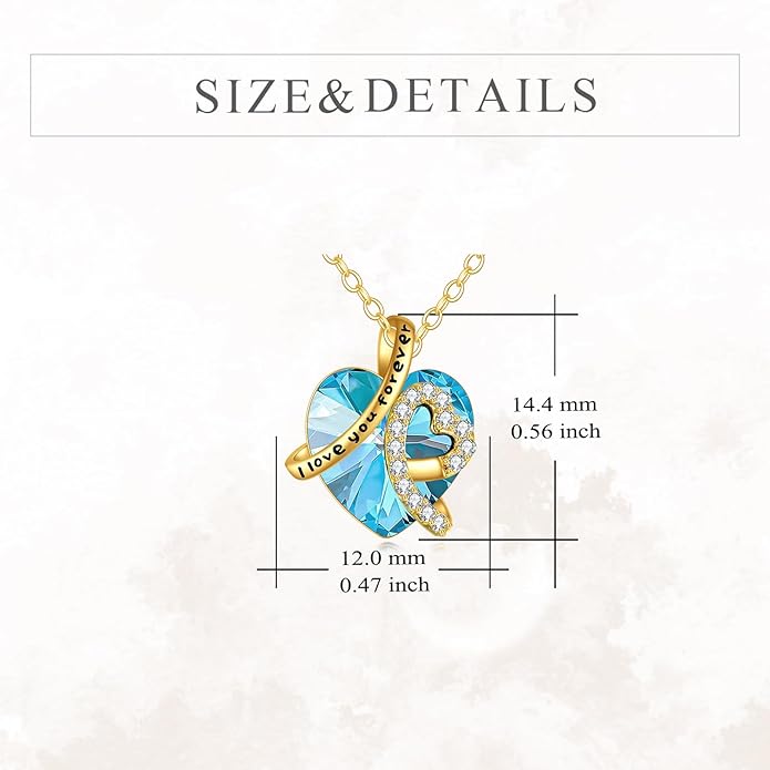 KECHO 14K Real Gold I Love You Forever Necklace Solid Yellow Gold Heart Birthstone Crystal Pendant Jewelry Birthday Mother's Day Anniversary Christmas Gifts for Women