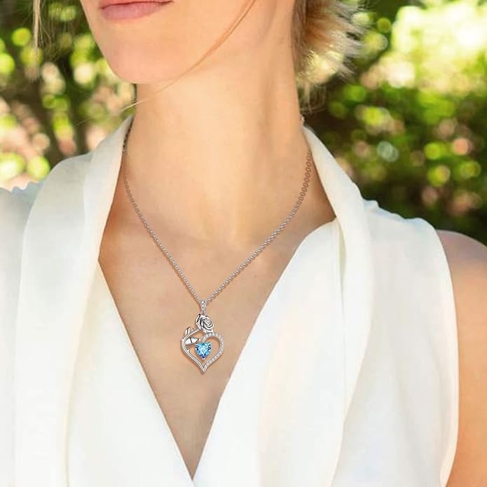 Jewmon Valentine Day Gifts for Her Rose Heart Birthstone Necklace for Women 925 Sterling Silver Birth Stone Flower Rose Necklace Anniversary Love GIfts for Girlfriend Wife Mom Birthday Gifts for Her