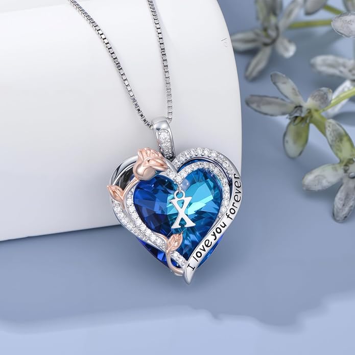PELOVNY Rose Heart Initial Necklaces for Women S925 Sterling Silver Alphabet Letter Crystal Necklace Initial Pendant Jewelry Gifts for Mom Daughter Wife