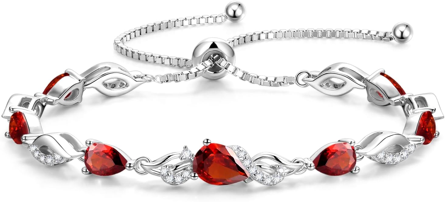 FANCIME Birthstone Teardrop Tennis Bracelet for Women, Sterling Silver 9x7mm main Gemstone Bolo Adjustable Chain Bracelet Fine Jewelry Birthday Gifts for Women Mom Wife Her