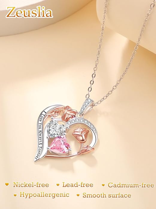 Valentine's Day Gifts for Wife 925 Sterling Silver Double Birthstone Pendant Necklaces I Love You for Always and Forever Necklace Anniversary Birthday Gifts for Wife Girlfriend Mom Her