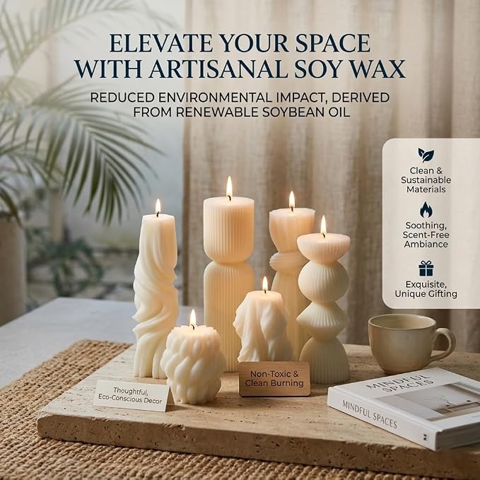 6 Pcs Small Handmade Ribbed Pillar Candle Set, Soy Wax Modern Home Decor - Image 4