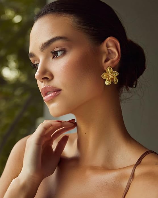 18K Gold Plated Large Chunky Flower Statement Earrings for Women by SNGIA, Summer Beach Floral Handmade Drop Jewelry, Maximalist Wedding Date Birthday Gift, Bold Exaggerated Textured Dangle Trendy Ribbed Jewelry, 18K Gold Plated Chandelier Fashion Acce...