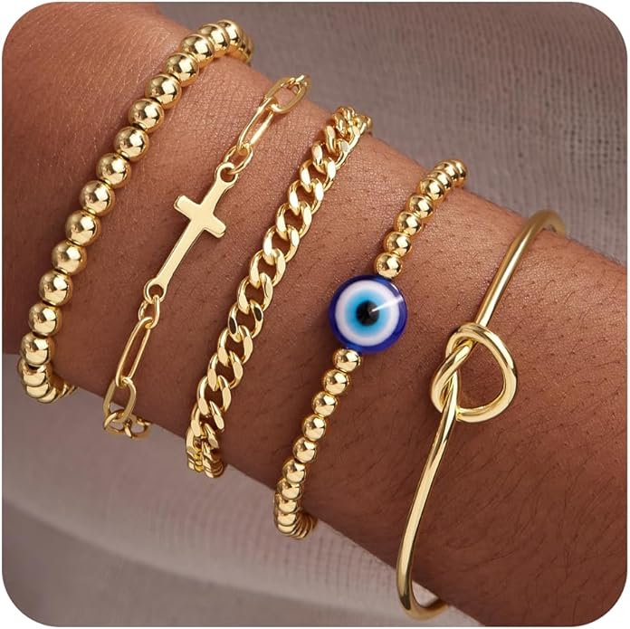 Gold Bracelets Set for Women Stack, Dainty Thick Bracelets Stack for Women Trendy, Simple Thin Gold Plated Cuff Stackable Bracelets With Beaded Cuban Paperclip Snake Rope Bangle Hand Chain Jewelry Gifts for Women Non Tainish