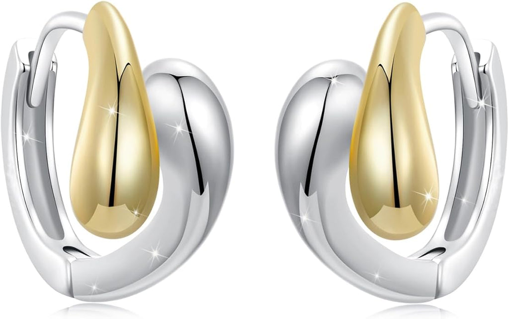 WOSTU 14K Gold Plated Two-Tone Oval Hoop Earrings for Women, Water Drop Design Lightweight Huggie Earrings,925 Sterling Silver Posts Double Drop Chunky Hoops Hypoallergenic Ear Buckles