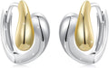 WOSTU 14K Gold Plated Two-Tone Oval Hoop Earrings for Women, Water Drop Design Lightweight Huggie Earrings,925 Sterling Silver Posts Double Drop Chunky Hoops Hypoallergenic Ear Buckles