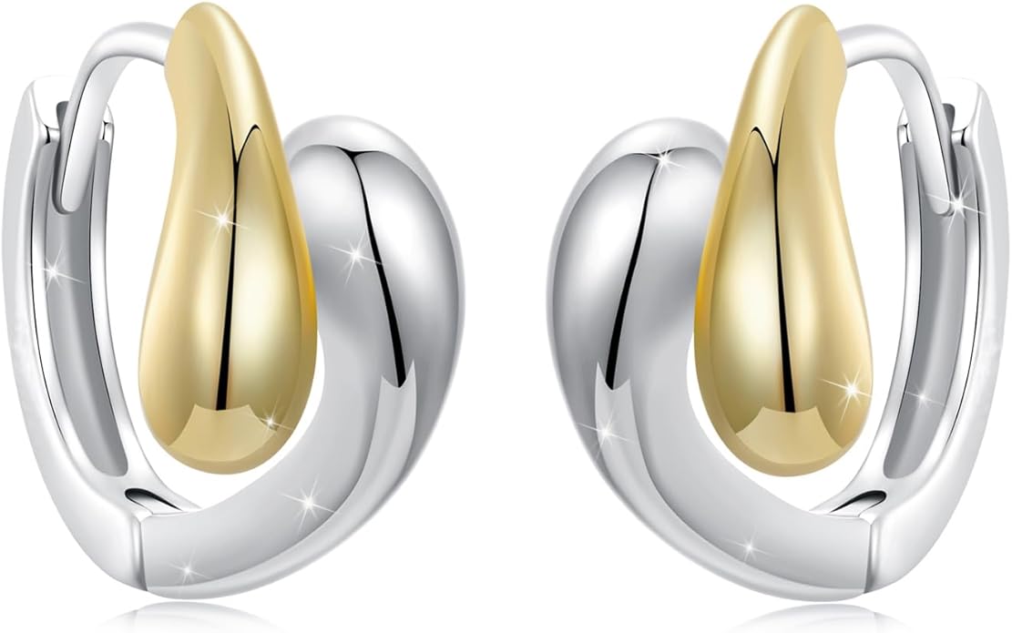 WOSTU 14K Gold Plated Two-Tone Oval Hoop Earrings for Women, Water Drop Design Lightweight Huggie Earrings,925 Sterling Silver Posts Double Drop Chunky Hoops Hypoallergenic Ear Buckles