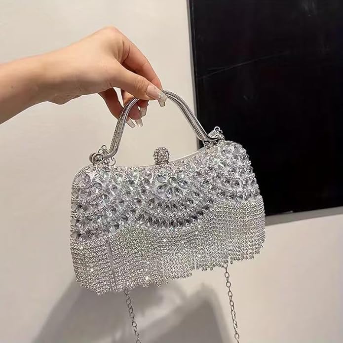 4-piece set of handcrafted fringed diamond-encrusted wedding ladies' crossbody handbag, necklace, earrings, bracelet, dinner bag, party ball bag, birthday and wedding, evening dress bag
