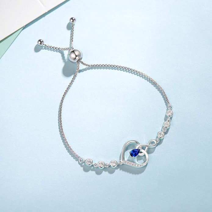 AGVANA Valentines Day Gifts Heart Birthstone Bracelets for Women Sterling Silver Genuine or Created Gemstone Tennis Bracelet Infinity Love Jewelry Anniversary Birthday Gifts for Wife Mom Women