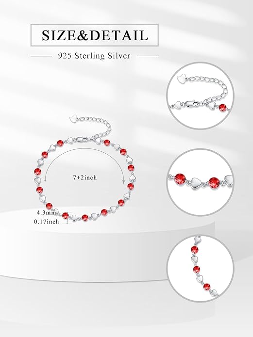Birthstone Charm Link Bracelet 925 Sterling Silver Rose/Heart/Mom Bracelet with 12 Months Birthstone Mother's Day Gift Jewelry Gifts for Women,Chain Length 7"+2" Extend
