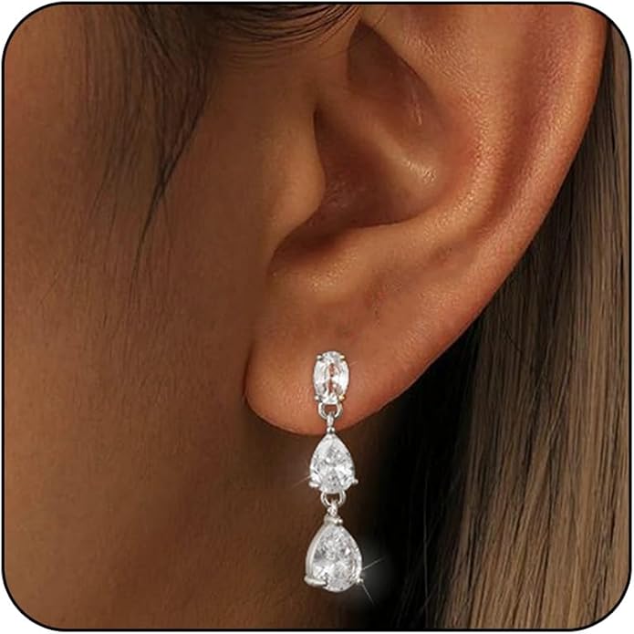 14K Gold Plated Dangle Earrings for Women Dainty Silver Drop Earring Trendy Small Long Dangling Wedding Bridesmaid Hoop Diamond Crystal Cute Earring Jewelry Valentine Gifts