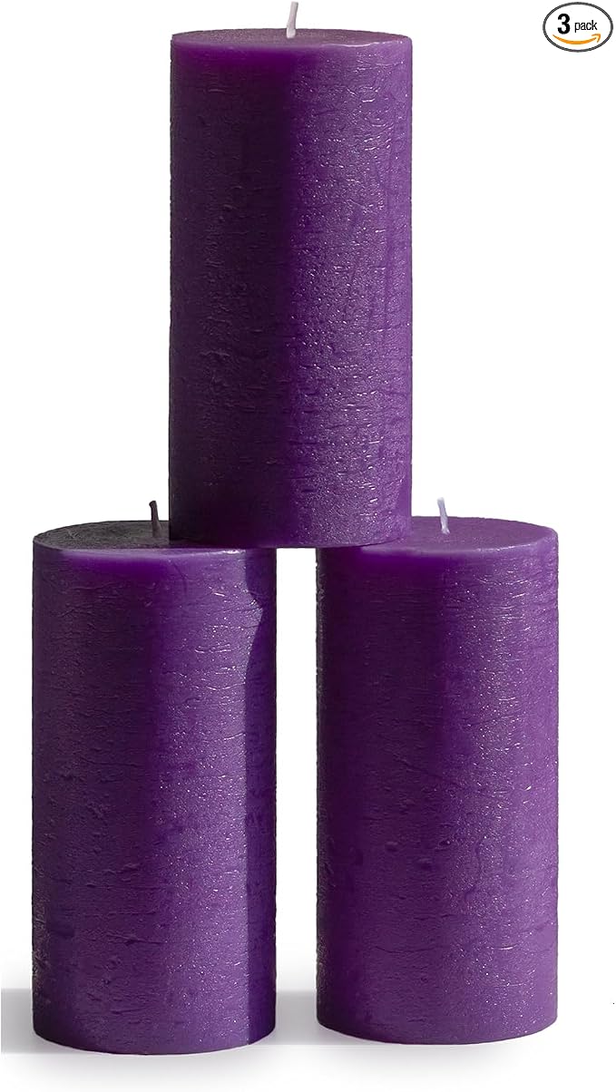 Large Pillar Candles 3x6 Inch – Set of 3 Unscented Dripless Purple Candles by CANDWAX