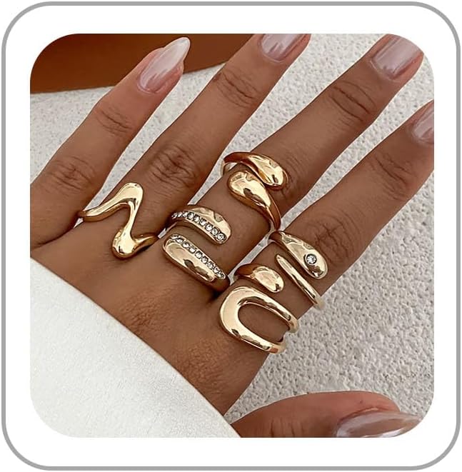Chunky Gold Rings for Women Rhinestone Stackable Knuckle Ring Set Open Adjustable Statement Ring Set Dainty Crown Cross Midi Rings Fashion Jewelry Gift for Women