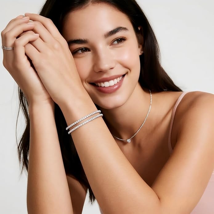 Moissanite Tennis Bracelet for Women, Adjustable Moissanite Tennis Bracelet 2mm/2.5mm/3mm/4mm D Color VVS1 Round Cut 925 Sterling Silver, Luxury Moissanite Jewelry Gift for Valentine's day, Mother's day,Anniversary and Self Gift