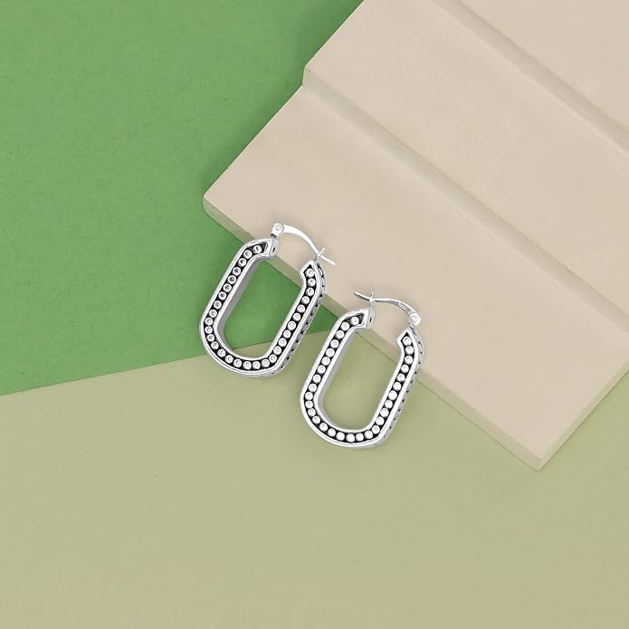 LeCalla 925 Sterling Silver Bali-Style Hoop Earrings Lightweight Click-Top Antique Two-Tone Beaded Italian Bali Style Earring Hoops for Women