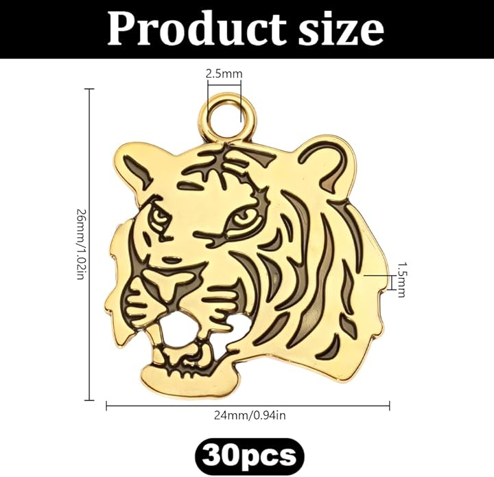 30pcs Tiger Head Charm Animal Tiger Pendants Alloy Tigers Charm Beads Dangle Charms for Jewelry Making Necklace Bracelet Keychain Earring DIY Craft Accessories