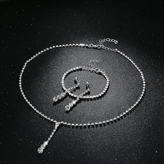Silver Crystal Bridal Jewelry Set, Teardrop Dangle Earrings Rhinestone Necklace Bracelet for Bride Bridesmaid Crystal Bridal Wedding Party Jewelry Sets